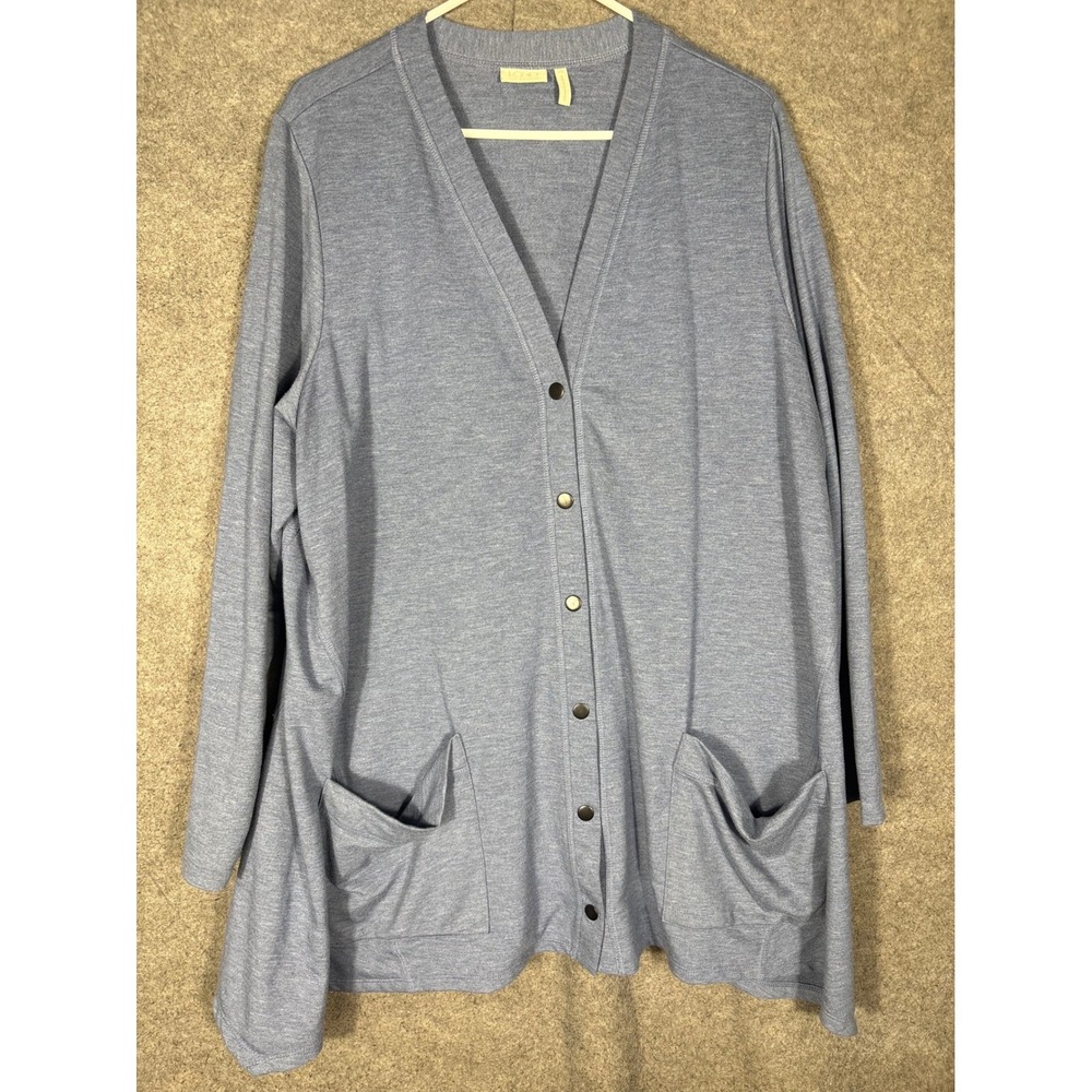 LOGO Lori Goldstein Womens 2X Blue Heathered Snap Front Cardigan Pockets A261018